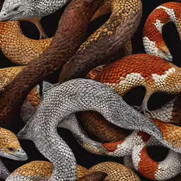 various colored snakes are on the ground