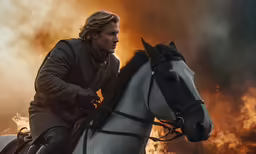 a man on a white horse next to a large fire