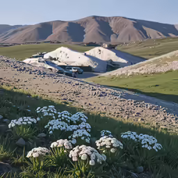 a hillside view with a field full of flowers