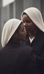 two women are standing together wearing black