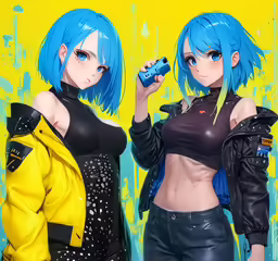 two girls with short hair and neon blue hair
