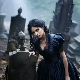 a beautiful young woman sitting in front of a grave,a woman in a blue gown posing next to a grave