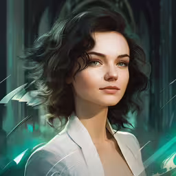 an attractive young woman with wavy hair and green eyes,digital painting of an attractive woman in a white top