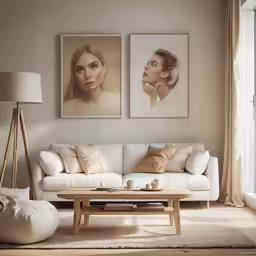 the living room is clean and organized, with paintings above it