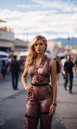 a woman poses while posing on a city street