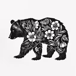 the black bear is shown with flowers on it,a black and white bear with flowers on its chest