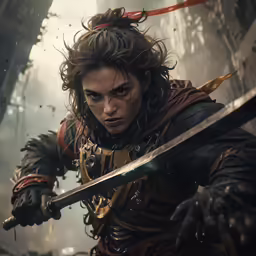 a man with a sword stands in the woods