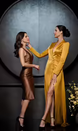 two women standing next to each other near flowers