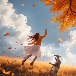 a woman wearing a white dress jumping up in the air next to a dog