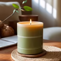 a close up of a candle on a wooden table