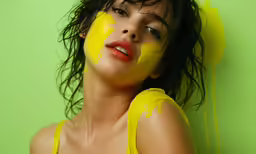 a woman is posing with yellow paint on her face