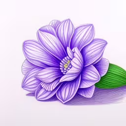 a drawing of a purple flower with green leaves,a drawing of purple flower on white paper