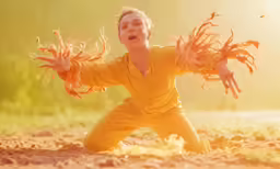 a girl sitting in the sand near some plants