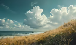 the view looking towards the water with clouds in the sky