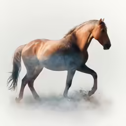 a horse runs in a foggy pasture