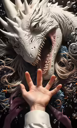 a hand reaching out from between two white dragon heads