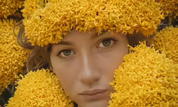 a woman with flowered head is in front of the camera