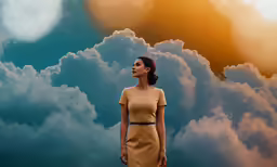 a woman in a brown dress standing on clouds