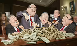 an image of people with money and fake heads