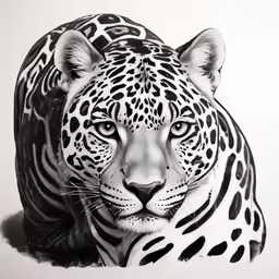 a black and white drawing of a leopard laying down
