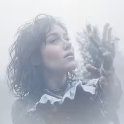 a woman with dark hair holding out her hands