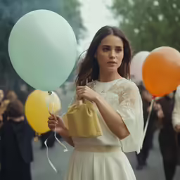 a woman is holding onto several balloons