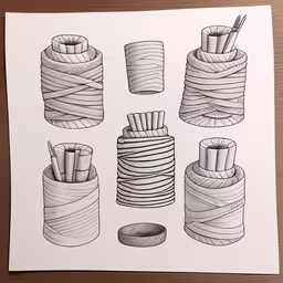 a drawing of different materials sitting on top of a table,a drawing of some different things that are in a box