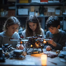 three children are working on a sewing machine