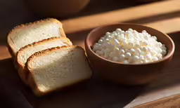 a bowl with marshmallows on it, next to pieces of bread
