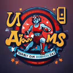 a cartoonish character on the front of an advert with the words us as a girl,the illustration shows a stylized painting, which includes an image of a woman in red shirt, and stars on her right side