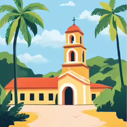 a painting of a church surrounded by palm trees