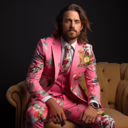 a man in a floral suit poses on a brown sofa,a person with long hair wearing a suit