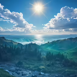 a large body of water sitting next to green hills