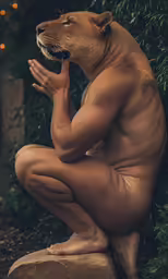 the shirtless man holds his hand up next to a large animal