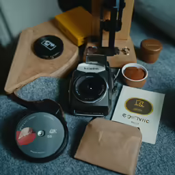 a small camera next to a cup of tea and a paper bag