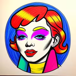 there is a drawing of a lady with pink, yellow and blue hair,a drawing with colored art of a young lady