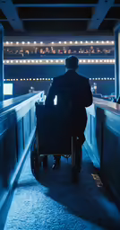 a man in a black jacket is sitting down and facing the bar