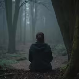 a person sitting in the forest with their back turned towards a tree