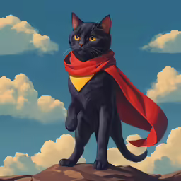 the painting is of a black cat with yellow eyes and red scarf on his chest
