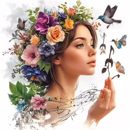 a woman with colorful flowers in her hair