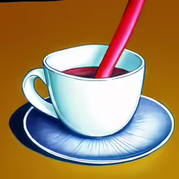 a red liquid in a white cup on a blue plate