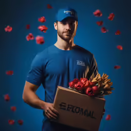 the man is holding a box with apples and cinnamons in it