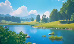 a lake with stones and water in the foreground, grass and trees in the background