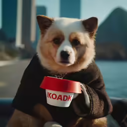 a brown dog sitting in the back of a car holding a cup