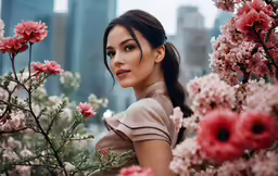 a beautiful woman sitting in a field of pink flowers