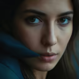 a young woman with blue eyes is looking into the camera