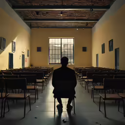 the back of a person sitting in an empty room