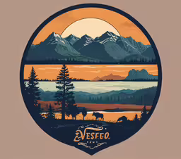 a poster with a view of a mountain and trees in the foreground,a beautiful image of the mountains and lake of a valley in an orange sunset