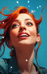 a woman with red hair is smiling and looking up