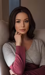 the woman sits with her hand on her chin and poses for a portrait